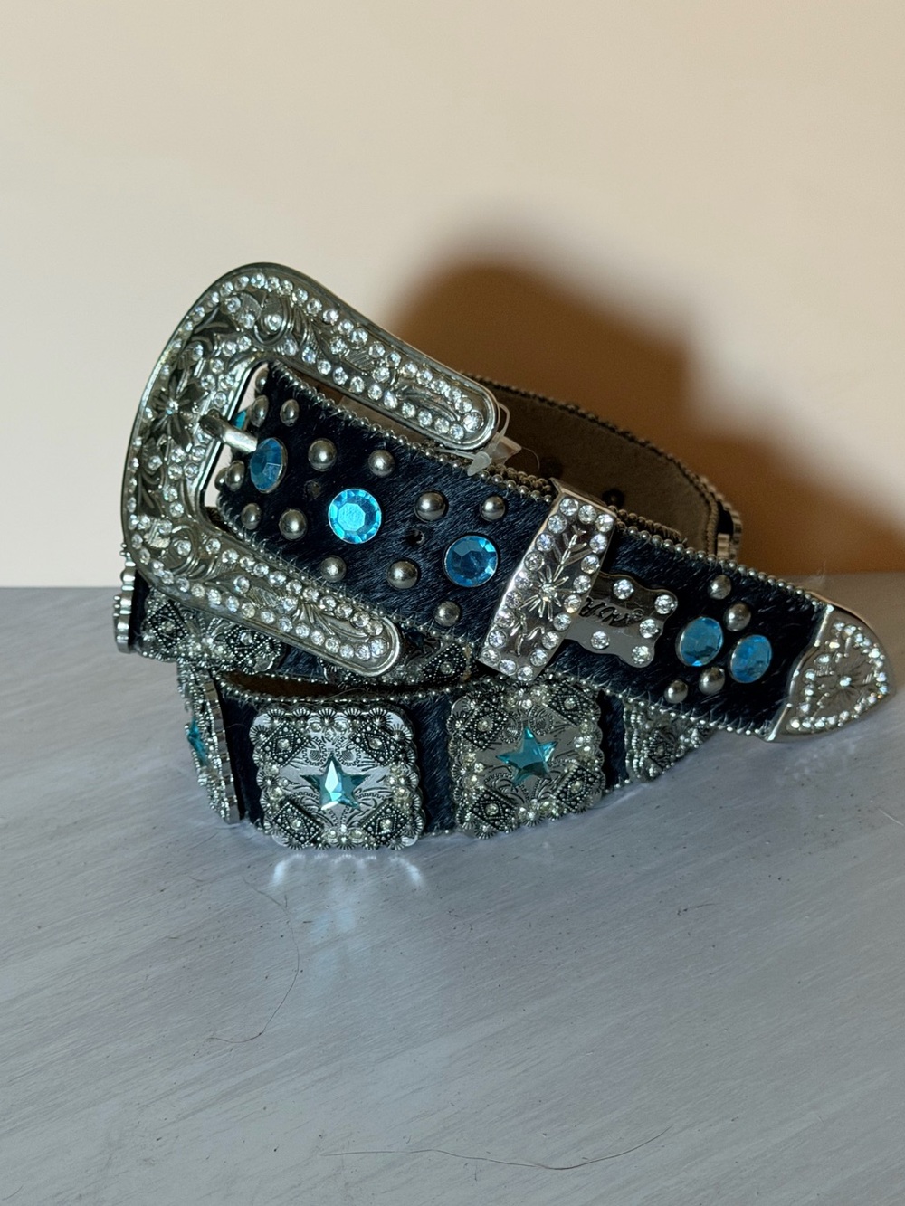 Western Cowgirl Black Cowhide Blue Stars Decorated Rhinestones Stars sz M